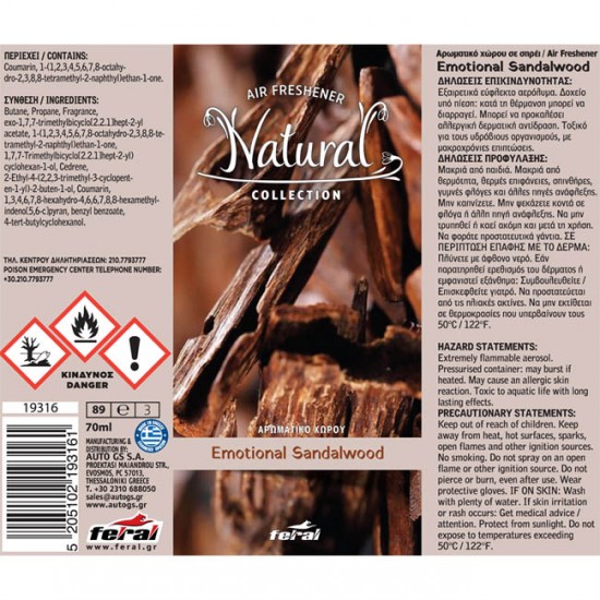 Αρωματικό Αυτοκινήτου Spray Feral Natural Collection Sandalwood