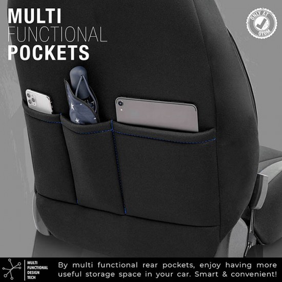 Καλύμματα Αυτοκινήτου Otom Limited Design Universal Jacquard / Lacost / Δερματίνη Σετ Εμπρός / Πίσω Μαύρο Με Μπλε Ραφές LMT-103 11 Τεμαχίων