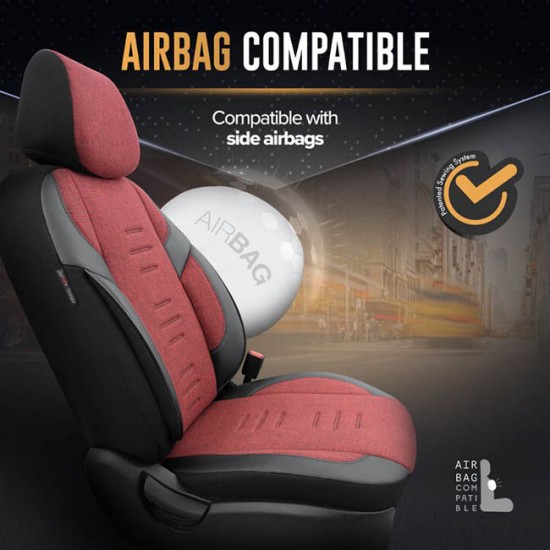 Καλύμματα Αυτοκινήτου Otom Throne Universal Λινό Ύφασμα / Rachel / Δερματίνη Σετ Εμπρός / Πίσω Κόκκινο - Μαύρο THR-103 11 Τεμάχια