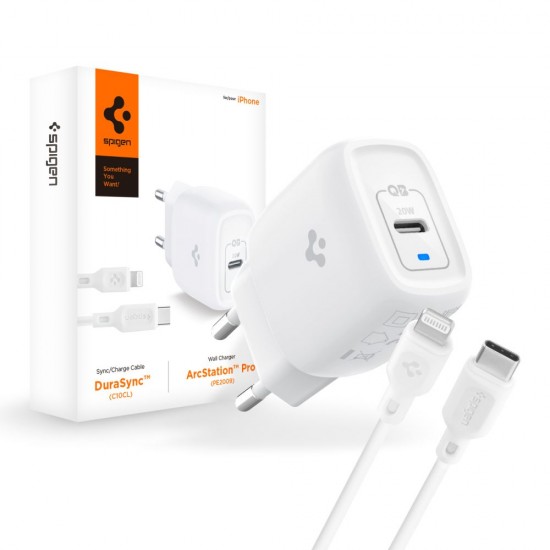 Spigen - Wall Charger (PE2C10CL) - Type-C Fast Charging, PD 20W with Cable Type-C to Lightning - White