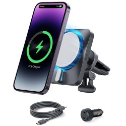ESR - [3pcs Bundle] Car Holder with Wireless Charger CryoBoost (2B513) - with Cable, Car Charger, MagSafe, Apple MFi - Silver