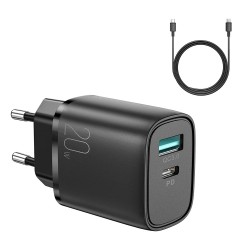 JoyRoom - Wall Charger (L-QP2011) - USB, Type-C, Fast Charging, 20W, with Cable Type-C to Lightning, 2.4A, 1m - Black