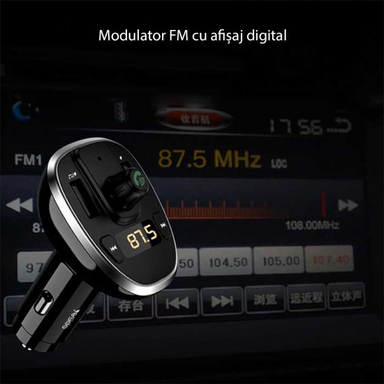 Yesido - FM Modulator with Car Charger (Y39) - 2xUSB with LED Display, 3A, Micro SD Slot - Black