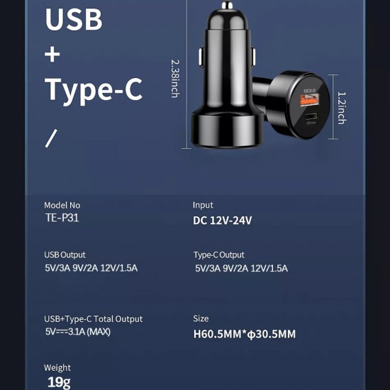Techsuit - Car Charger Premium (CAPD028) - USB-A, QC 3.0, USB-C, 38W - Black