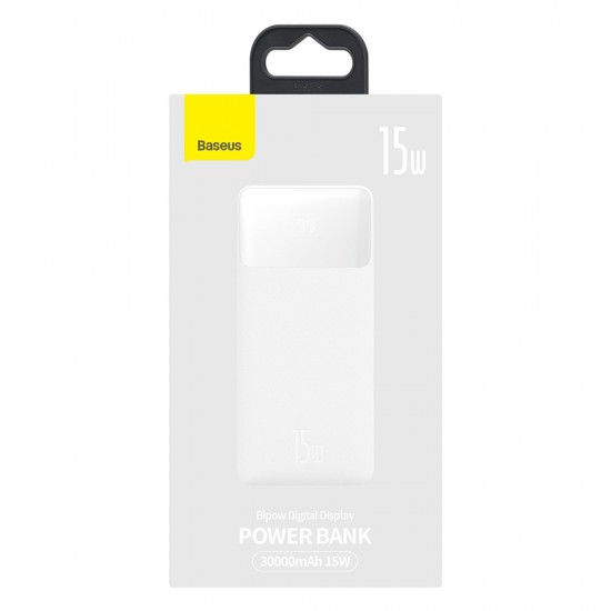 Baseus - Power Bank Bipow (PPBD050202) - Digital Display 2xUSB, USB-C, Micro-USB 30000mAh 15W + Cable Micro-USB 0.25m - White