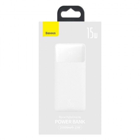 Baseus - Power Bank Bipow (PPBD050102) - Digital Display 2xUSB QC3.0, USB-C 20000mAh 15W + Cable Micro-USB 0.25m - White