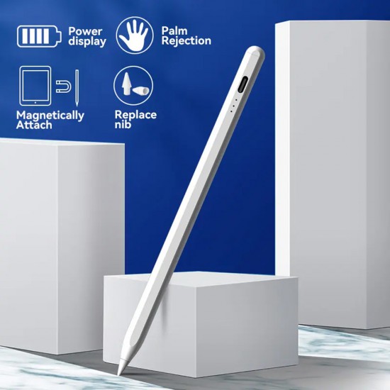 Techsuit -  Stylus Pen (JA04) - Active, Aluminum Alloy, for iPad, with Charging Cable - White