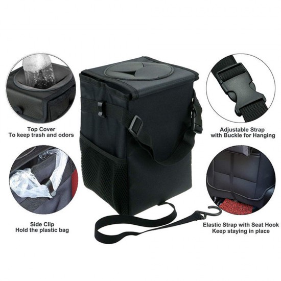 Techsuit - Car Organizer (CO-T3) - Foldable Auto Car Trash with Pockets Storage - Black