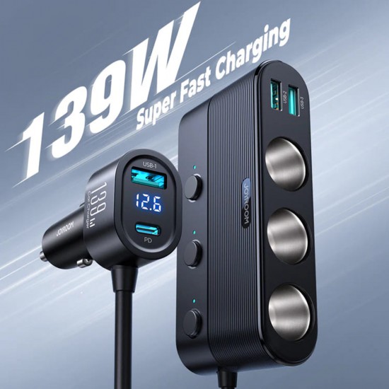 JoyRoom - Car Charger (JR-CCL01) - Ports Extensions with 3x Cigarette Lighter, 3x USB, Type-C, Fast Charging, 139W - Black