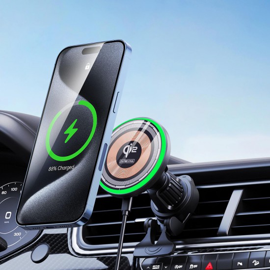 Duzzona - Car Holder with Wireless Charging (V5) - MagSafe Grip, LED Light, for Air Vent, Apple Compatible, 15W - Transparent