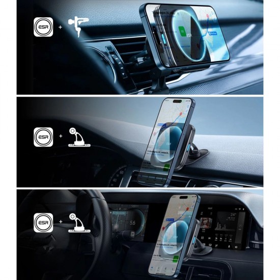 ESR - Car Holder with Wireless Charging Qi2 HaloLock (2B51801) - with CryoBoost, MagSafe Compatible, for Air Vent - Black