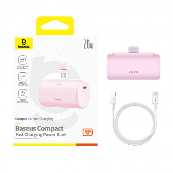 Baseus - Power Bank (P10068306413-00) - Type-C, Compact Design, 20W, 5000mAh, with Cable Type-C - Baby Pink