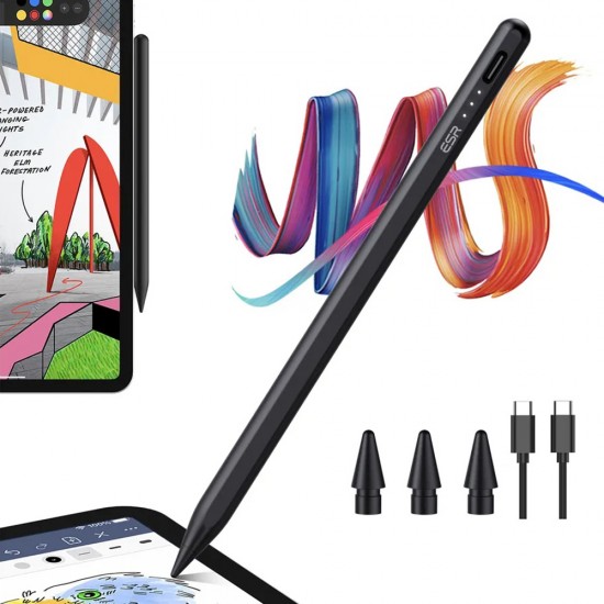 ESR - Stylus Pen (6C00107) - for iPad, Magnetic Attachment, Bluetooth, Type-C, Palm Rejection, Tilt Sensitivity - Black