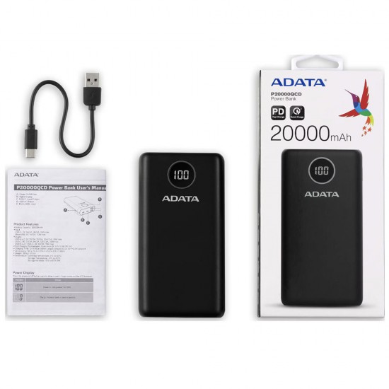 Adata - Power Bank (AP20000QCD-DGT-CBK) - Micro-USB, USB-C, 2xUSB, Quick Charge 3.0, PD18W, 20000mAh, Digital Display - Black