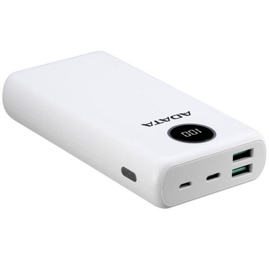 Adata - Power Bank (AP20000QCD-DGT-CWH) - Micro-USB, USB-C, 2xUSB, Quick Charge 3.0, PD18W, 20000mAh, Digital Display - White