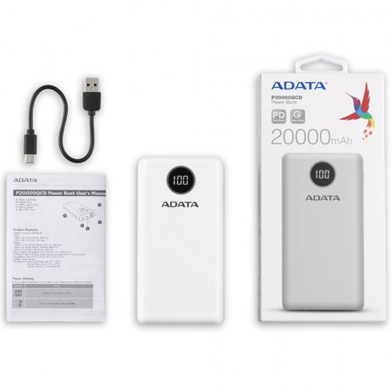 Adata - Power Bank (AP20000QCD-DGT-CWH) - Micro-USB, USB-C, 2xUSB, Quick Charge 3.0, PD18W, 20000mAh, Digital Display - White