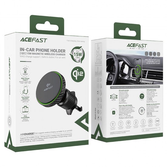 Acefast - Car Holder with Wireless Charging (D33) - for iPhone, Magnetic Grip, for Air Vent, Qi2, LED Light, 15W - Black