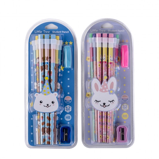 Cute Animals Set of 12 Pencil HB with Eraser, Grip & Sharpener