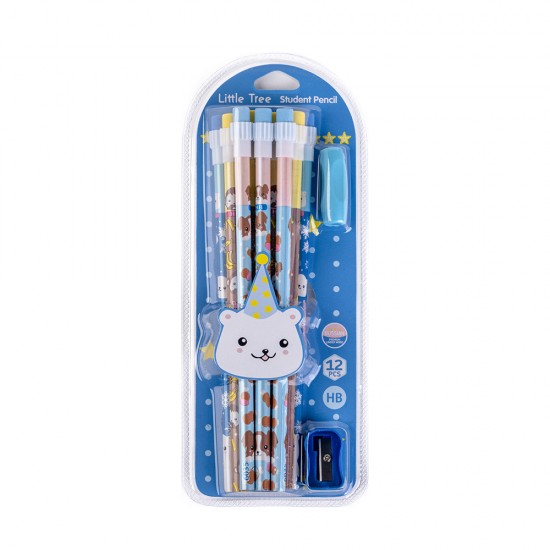 Cute Animals Set of 12 Pencil HB with Eraser, Grip & Sharpener