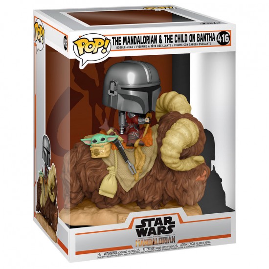 POP figure Star Wars The Mandalorian Mando on Bantha with Child in Bag