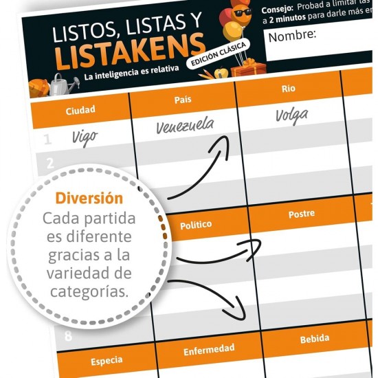 Spanish Listos Listas y Listakens board game