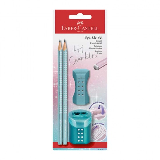 ΣΕΤ FABER CASTELL SPARKLE ΝΕΟ 2 ΜΟΛΥΒΙΑ +ΓΟΜΑ+ΞΥΣΤΡΑ (μέντα)