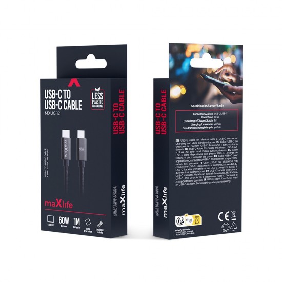 ΚΑΛΩΔΙΟ MAXLIFE MXUC-12 USB C TO USB C 60W BLACK 1m