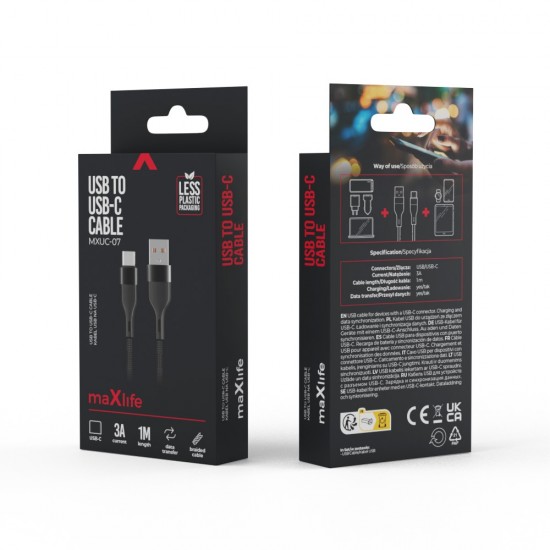 ΚΑΛΩΔΙΟ MAXLIFE USB TO USB TYPE C 1m 3A ΜΑΥΡΟ