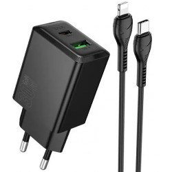 HOCO N71 NUEVO, ΣΕΤ ΓΡΗΓΟΡΗΣ ΦΟΡΤΙΣΗΣ, 30W, 2 ΘΥΡΕΣ, ΜΕ ΚΑΛΩΔΙΟ LIGHTNING, ΜΑΥΡΟ