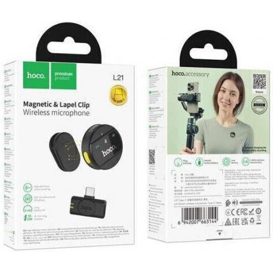 HOCO L21 CHARM, ΑΣΥΡΜΑΤΟ ΜΙΚΡΟΦΩΝΟ, TYPE-C, ΜΑΥΡΟ