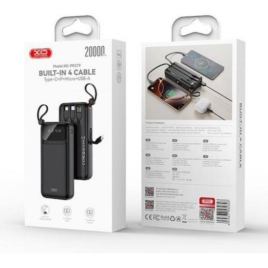 XO PR279, POWERBANK, 20000MAh, ΜΕ 4 ΚΑΛΩΔΙΑ, ΜΑΥΡΟ