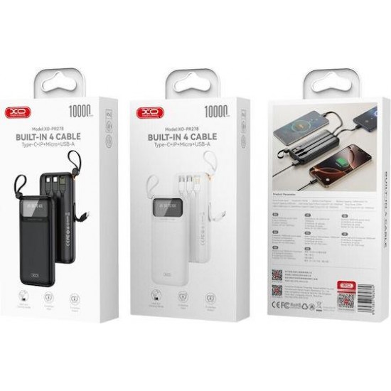 XO PR278, POWERBANK, 10000MAh, ΜΕ 4 ΕΝΣΩΜΑΤΩΜΕΝΑ ΚΑΛΩΔΙΑ, ΜΑΥΡΟ
