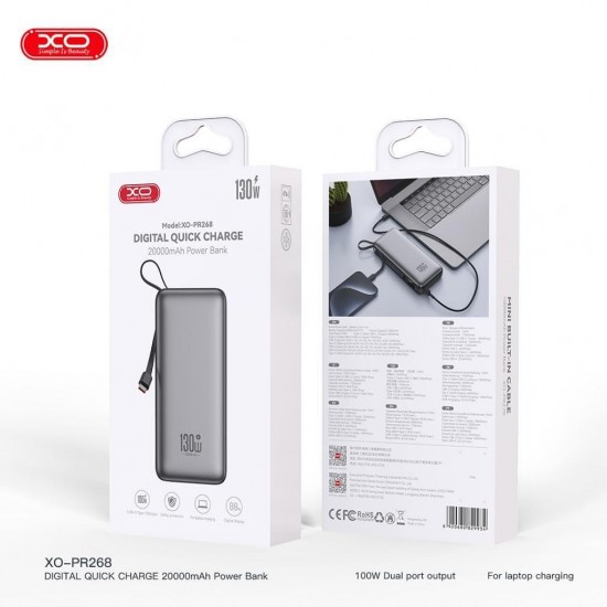 XO PR268, POWERBANK, 20000MAh, 130W, ΜΕ ΚΑΛΩΔΙΟ TYPE-C 100w, ΓΚΡΙ