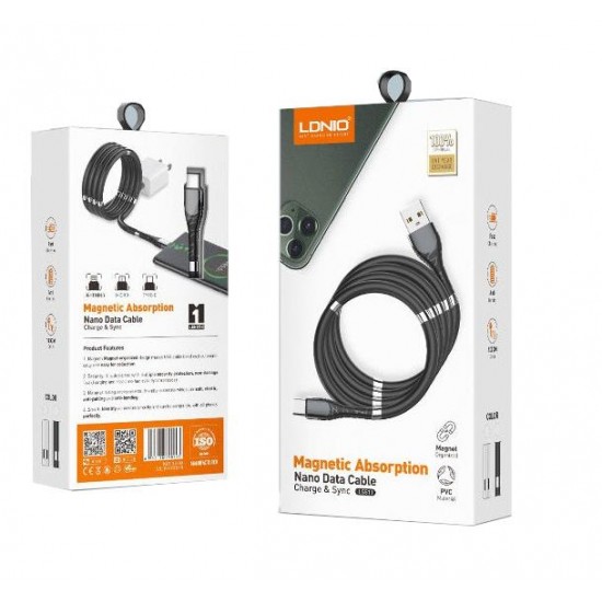 LDNIO ΚΑΛΩΔΙΟ ΦΟΡΤΙΣΗΣ LS511 ΜΕ ΜΑΓΝΗΤΕΣ, LIGHTNING, ΛΕΥΚΟ