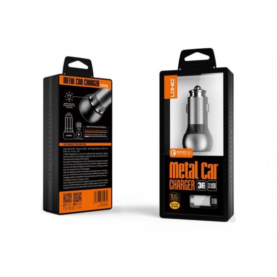 LDNIO C503Q ΦΟΡΤΙΣΤΗΣ ΑΥΤΟΚΙΝΗΤΟΥ QC3.0, 2 PORTS + 1M LIGHTNING CABLE