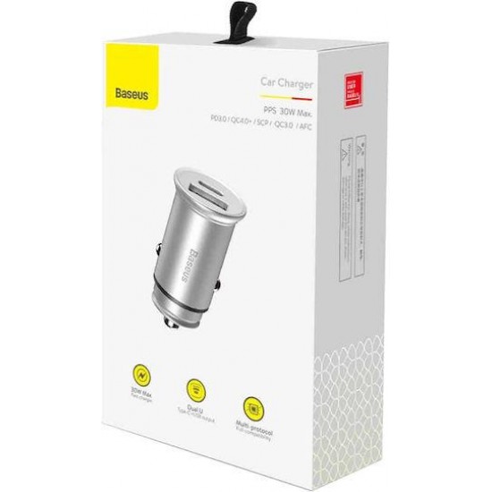 BASEUS CIRCULAR METAL, ΦΟΡΤΙΣΤΗΣ ΑΥΤΟΚΙΝΗΤΟΥ ΓΡΗΓΟΡΗΣ ΦΟΡΤΙΣΗΣ, 2 ΘΥΡΕΣ, 30W, ΑΣΗΜΙ