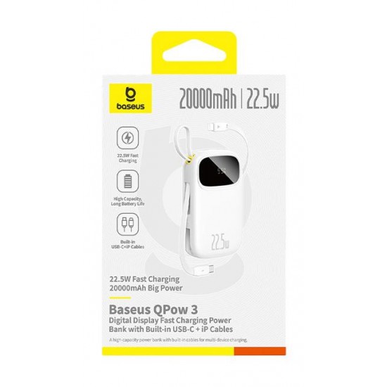 BASEUS ENERFILL FC31, POWERBANK, 10000MAh, ΜΕ 2 ΚΑΛΩΔΙΑ TYPE-C, 22.5W, ΜΕ ΨΗΦΙΑΚΗ ΟΘΟΝΗ, ΛΕΥΚΟ