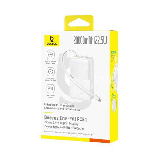BASEUS ENERFILL FC51 BIPOW2 PRO, POWERBANK, 20000MAh, ΜΕ ΚΑΛΩΔΙΟ TYPE-C, 22.5W, ΜΕ ΨΗΦΙΑΚΗ ΟΘΟΝΗ, ΛΕΥΚΟ