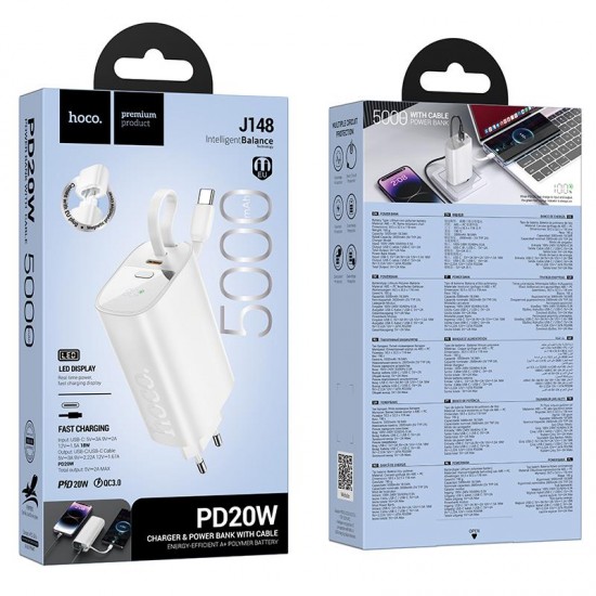HOCO J148 HANDY PD20W POWER BANK ΤΟΙΧΟΥ, ΜΕ ΚΑΛΩΔΙΟ TYPE-C, 5.000MAH, ΛΕΥΚΟ