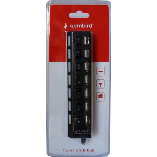 GEMBIRD USB HUB 2.0, 7 PORT, ΜΕ ΔΙΑΚΟΠΤΕΣ ΚΑΙ ΕΞΩΤΕΡΙΚΟ ΤΡΟΦΟΔΟΤΙΚΟ, ΜΑΥΡΟ