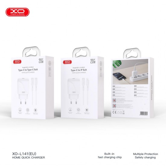 XO L141 ΦΟΡΤΙΣΤΗΣ 20W, 1 ΘΥΡΑ TYPE-C ΜΕ ΚΑΛΩΔΙΟ PD ΣΕ TYPE-C, ΛΕΥΚΟΣ