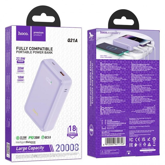 HOCO Q21A GREAT FULLY COMPATIBLE POWER BANK, 20.000mAh, 22.5W ΜΕ ΟΘΟΝΗ, ΜΩΒ