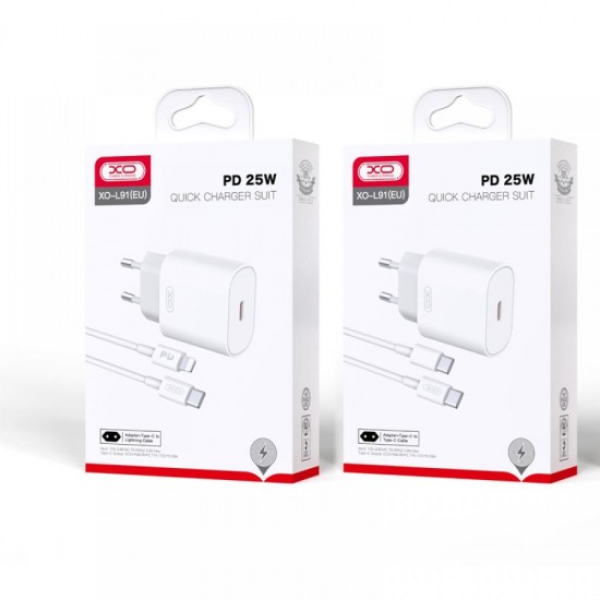 XO L91EU ΦΟΡΤΙΣΤΗΣ 25W TYPE-C, 1 ΘΥΡΑ, ΛΕΥΚΟΣ ME  KAΛΩΔΙΟ LIGHTNING
