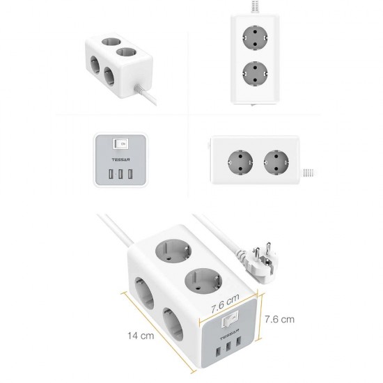TESSAN TS306 ΠΟΛΥΜΠΡΙΖΟ 6 ΘΕΣΕΩΝ, 3 USB, ΓΚΡΙ/ΛΕΥΚΟ