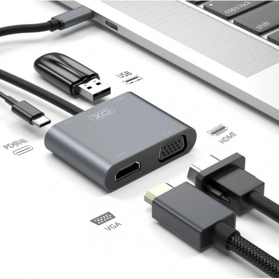 XO HUB001 4 IN 1 TYPEC TO HDMI/VGA/USB3.0/PD CHARGING