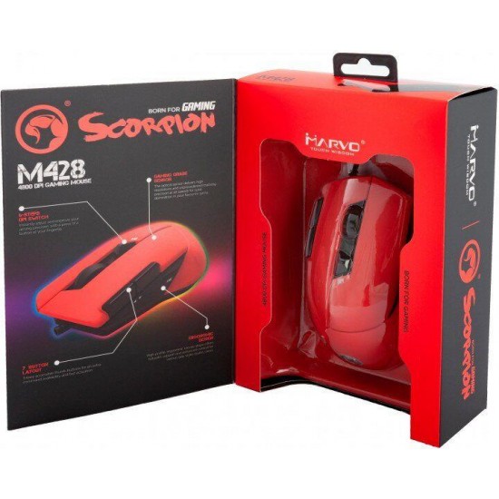 MARVO M428 ΕΝΣΥΡΜΑΤΟ GAMING ΠΟΝΤΙΚΙ, 4800DPI 7 ΠΡΟΓΡ. ΠΛΗΚΤΡΑ, ΚΟΚΚΙΝΟ
