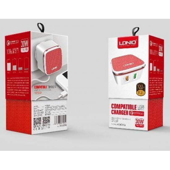 LDNIO A2405Q ΦΟΡΤΙΣΤΗΣ QC3.0 2 PORTS + 1M LIGHTNING CABLE, 18W