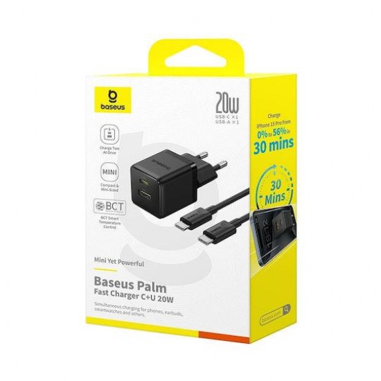 BASEUS PALM, ΣΕΤ ΓΡΗΓΟΡΗΣ ΦΟΡΤΙΣΗΣ, ΜΕ ΚΑΛΩΔΙΟ TYPE-C ΣΕ TYPE-C, 2 ΘΥΡΕΣ, 20W, ΜΑΥΡΟ
