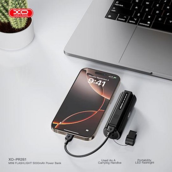 XO PR281, POWERBANK, ΜΕ ΦΑΚΟ, ΚΑΛΩΔΙΟ LIGHTNING, 5000mAh, ΜΑΥΡΟ
