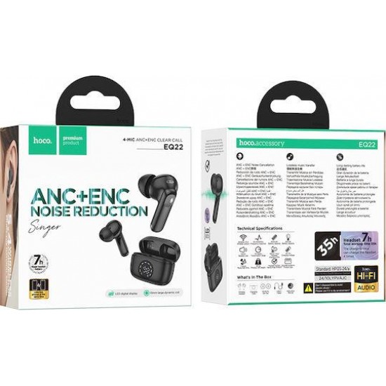 HOCO EQ22 SINGER ΑΣΥΡΜΑΤΑ ΑΚΟΥΣΤΙΚΑ, BLUETOOTH 5.4, ANC+ENC, ΜΑΥΡΟ